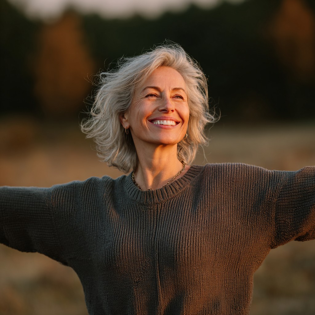 Щаслива європейська жінка середнього віку виконує вправи для суглобів у світлому приміщенні, посміхається та тримає в руках гантелі