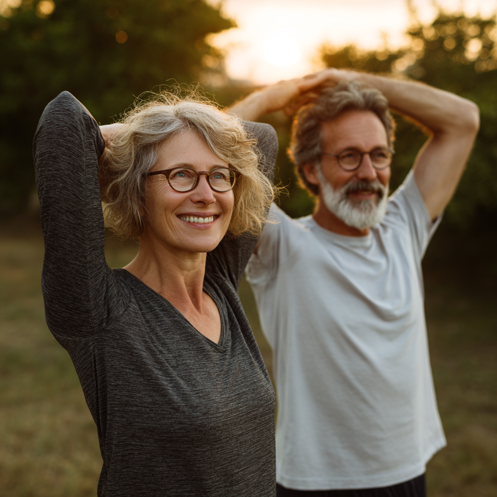 Група щасливих європейських людей різного віку займається легкими вправами на природі, всі посміхаються та виглядають здоровими