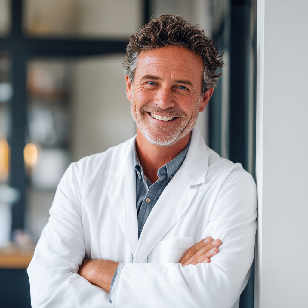 Професійна європейська жінка-консультант середнього віку в білому одязі посміхається та тримає в руках планшет, на тлі сучасного офісу