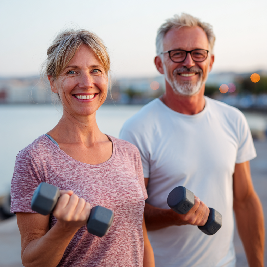 Європейський чоловік середнього віку в спортивному одязі демонструє правильну техніку виконання вправ для суглобів, посміхається на камеру